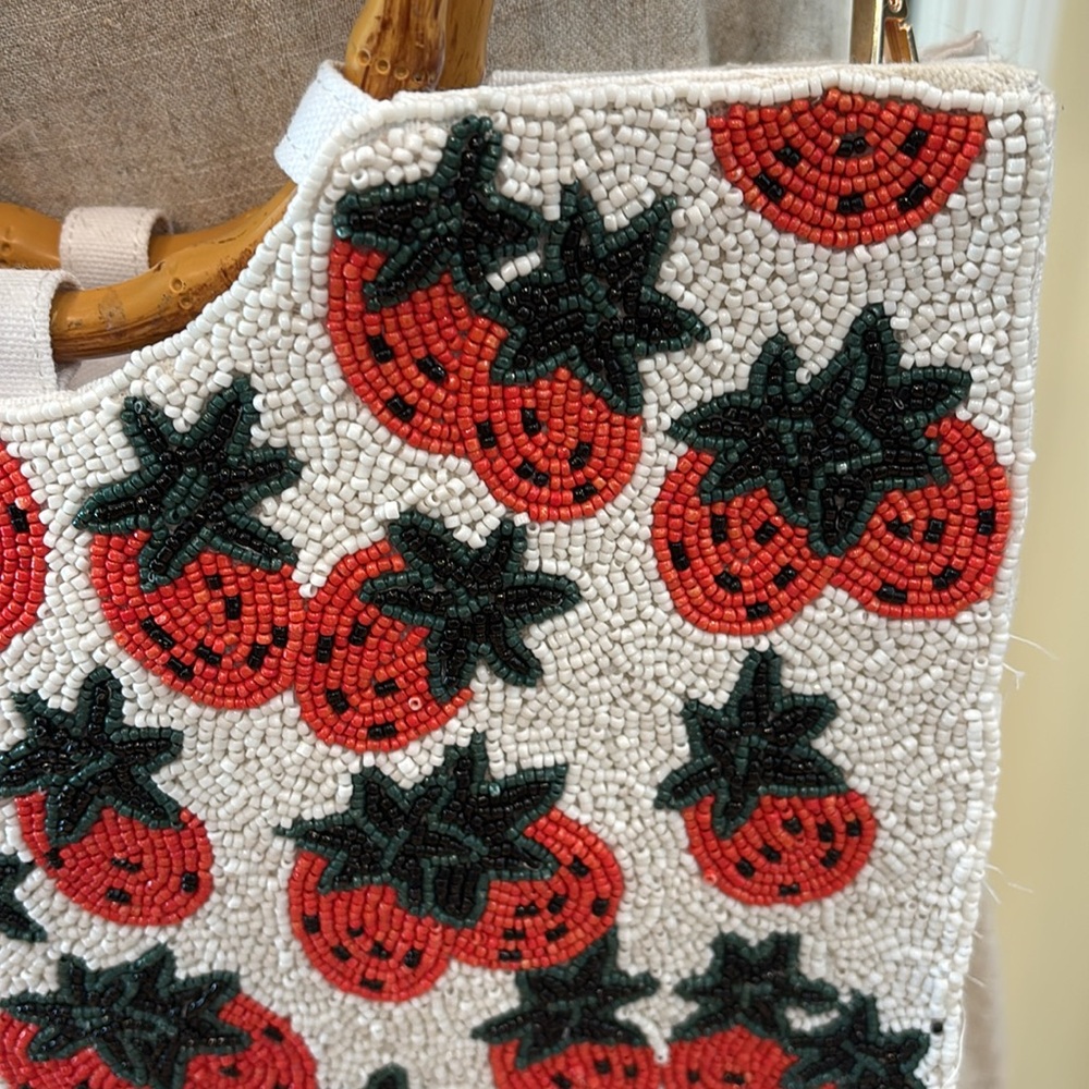 Sol and Mer beaded White and Red strawberry Embroidered Tote crossbody Bag - Picture 6 of 11